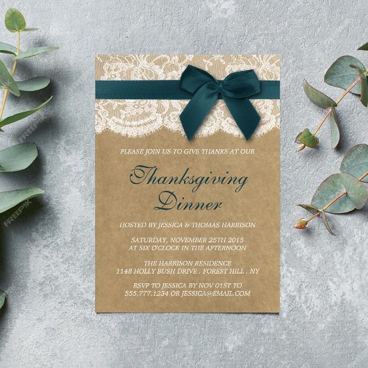 Invitation Ruban turquoise Sur Kraft & Dîner D'Action De Grâc