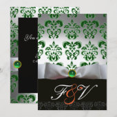 Invitation RUBAN VERT ARGENTÉ & MONOGRAMME DAMAS NOIR Orange (Devant / Derrière)
