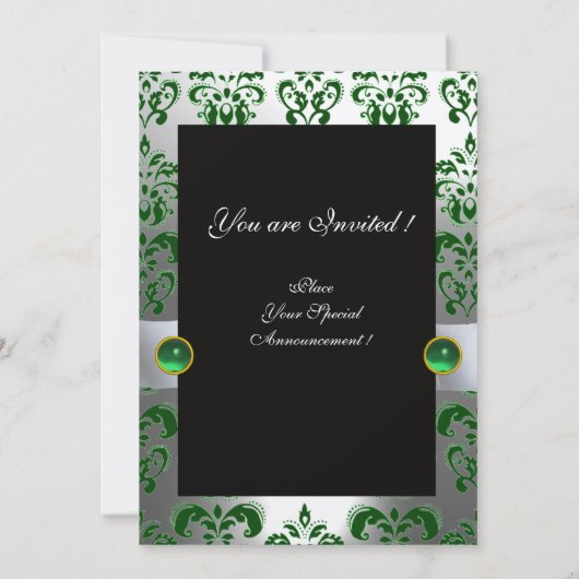 Invitation RUBAN VERT ARGENTÉ & MONOGRAMME EN DAMAS NOIR Oran (Dos)
