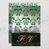 Invitation RUBAN VERT ARGENTÉ & MONOGRAMME EN DAMAS NOIR Oran (Devant / Derrière)