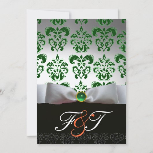 Invitation RUBAN VERT BLANC & DAMAS NOIR MONOGRAMME Orange (Devant)