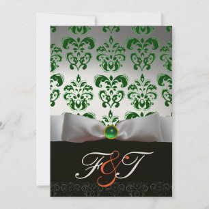 Invitation RUBAN VERT BLANC & DAMAS NOIR MONOGRAMME Orange
