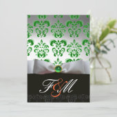 Invitation RUBAN VERT BLANC & DAMAS NOIR MONOGRAMME Orange (Debout devant)