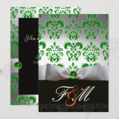 Invitation RUBAN VERT BLANC & DAMAS NOIR MONOGRAMME Orange (Devant / Derrière)