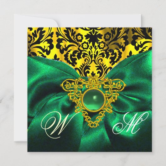 INVITATION RUBAN VERT CŒUR CELTIQUE OR MONOGRAMME DAMASSÉ (Devant)