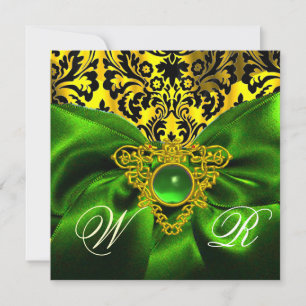 INVITATION RUBAN VERT OR CŒUR CELTIQUE MONOGRAMME DAMASSÉ