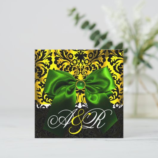INVITATION RUBAN VERT OR JAUNE NOIR  DAMAS MONOGRAMME (Debout devant)