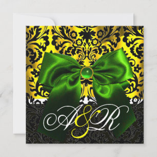 INVITATION RUBAN VERT OR JAUNE NOIR DAMAS MONOGRAMME