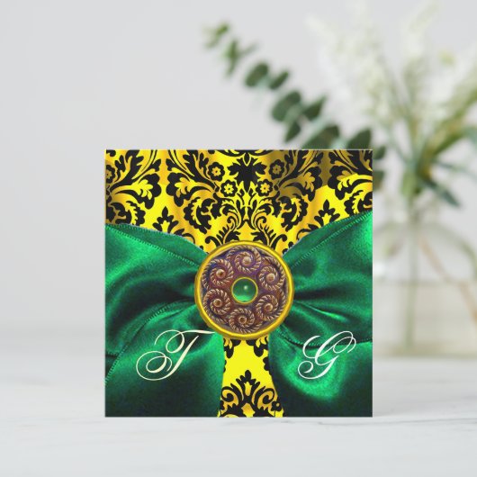 INVITATION RUBAN VERT OR JAUNE NOIR DAMAS MONOGRAMME (Debout devant)