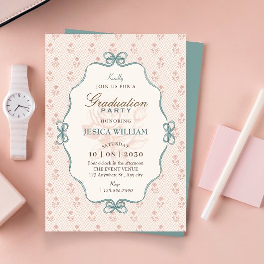 Invitation Ruban vintage pastel bleu rose diplôme