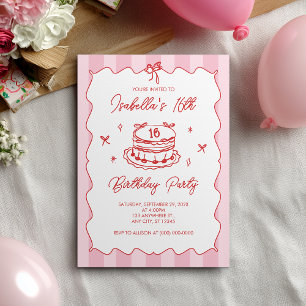 Invitation Ruban vintage rayé Coquette rose 16ème anniversair