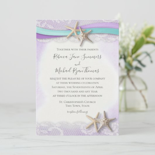 Invitation Ruban violet et Mariage d'aquarelle de poisson rou (Debout devant)