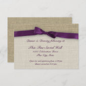Invitation Ruban violet et réception Burlap (Devant / Derrière)