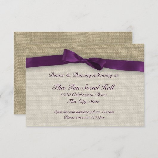 Invitation Ruban violet et réception Burlap (Devant / Derrière)