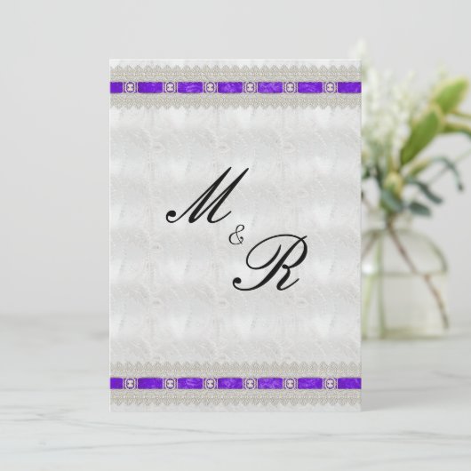 Invitation Ruban violet, Mariage satiné blanc (Debout devant)