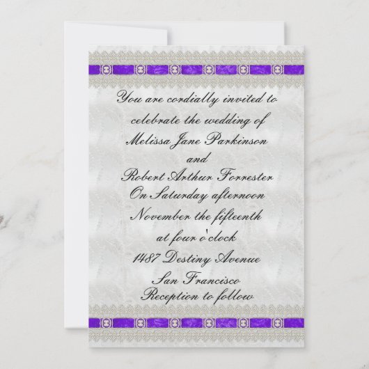 Invitation Ruban violet, Mariage satiné blanc (Dos)
