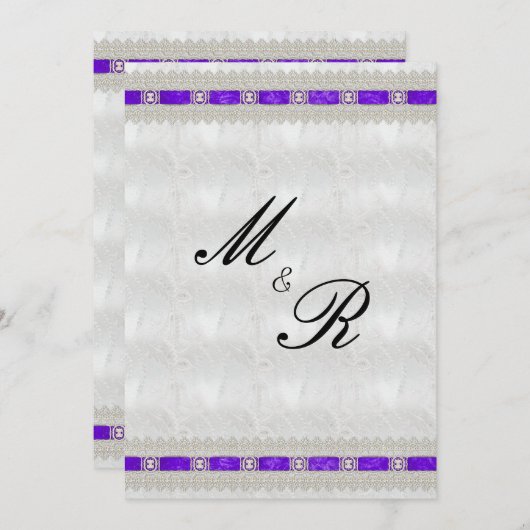 Invitation Ruban violet, Mariage satiné blanc (Devant / Derrière)