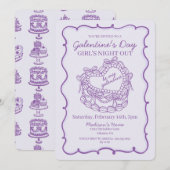 Invitation Ruban Violet Rétro Cœur Coquette Gâteau Galentine (Devant / Derrière)