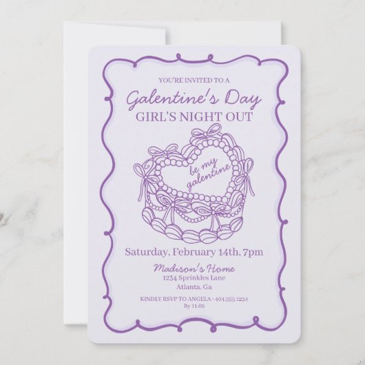 Invitation Ruban Violet Rétro Cœur Coquette Gâteau Galentine (Devant)