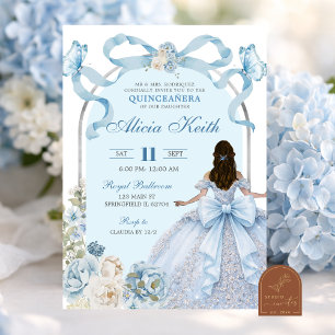 Invitation Rubans Bleus Poussiéreux Papillon Coquette Argenté