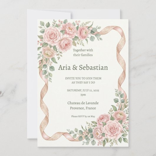Invitation Rubans de rose rose mariage (Devant)