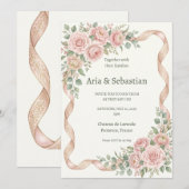 Invitation Rubans de rose rose mariage (Devant / Derrière)