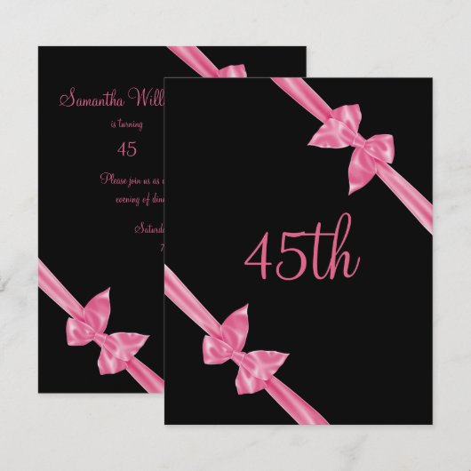 Invitation Rubans de satin rose élégants 45e anniversaire (Devant / Derrière)