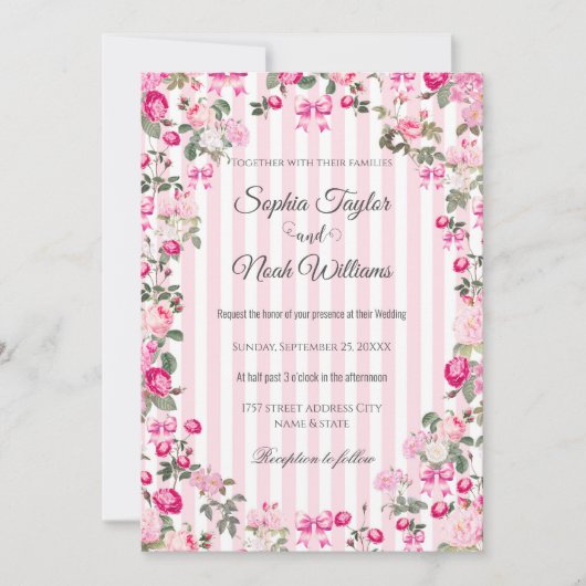 Invitation Rubans et rayures roses coquettes vintage (Devant)