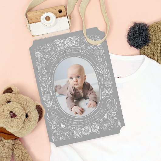 Invitation Rubans et Roses Baby Light Grey Photo Naissance