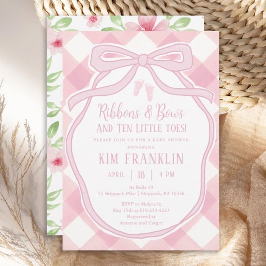 Invitation Rubans et vaches rose En vichy Baby shower fille