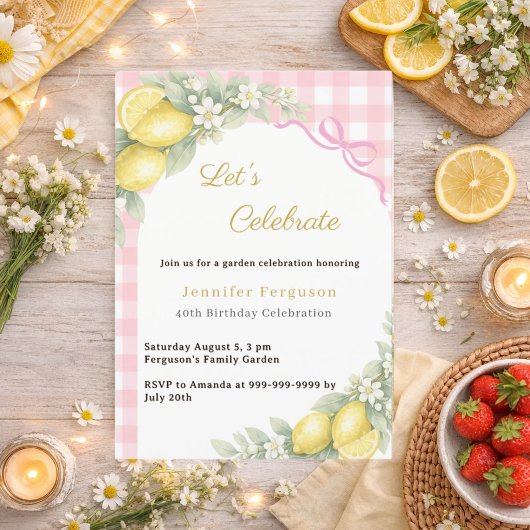 Invitation Rubans gingham rose citrons été jardin thé anniver