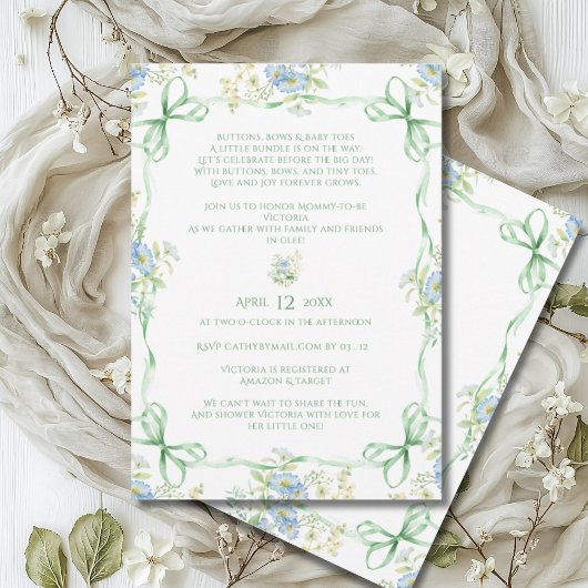Invitation Rubans Green Bows & Baby shower de cadre Floral