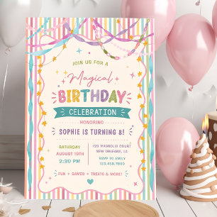 Invitation Rubans Magiques Anniversaire Coloré Rayures
