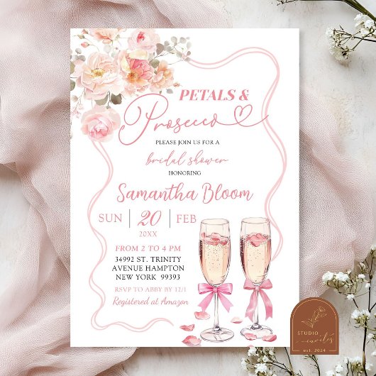 Invitation Rubans Roses Coquette Pétales et Prosecco