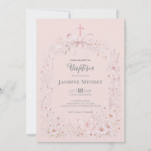 Invitation Rubans roses croisés papillons floraux fille baptê