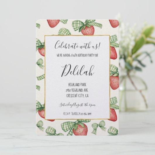Invitation Rubans verts de fraise Anniversaire (Debout devant)