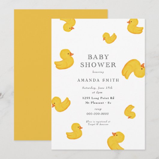 Invitation Rubber Canard Jaune Rub Un Dub Dub Baby shower Inv (Devant / Derrière)