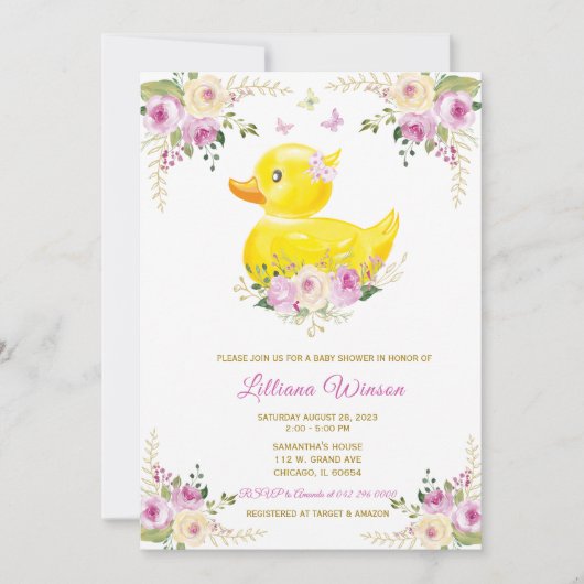 Invitation RUBBER DUCK Baby shower FILLE (Devant)