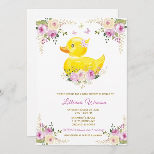 Invitation RUBBER DUCK Baby shower FILLE (Devant / Derrière)