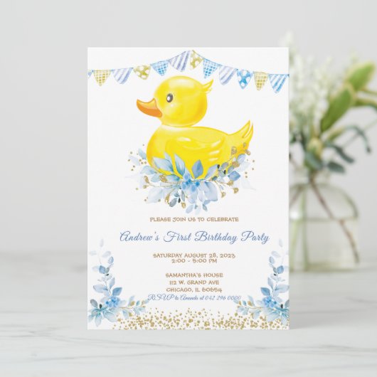 Invitation RUBBER DUCK GARÇON Premier anniversaire (Debout devant)