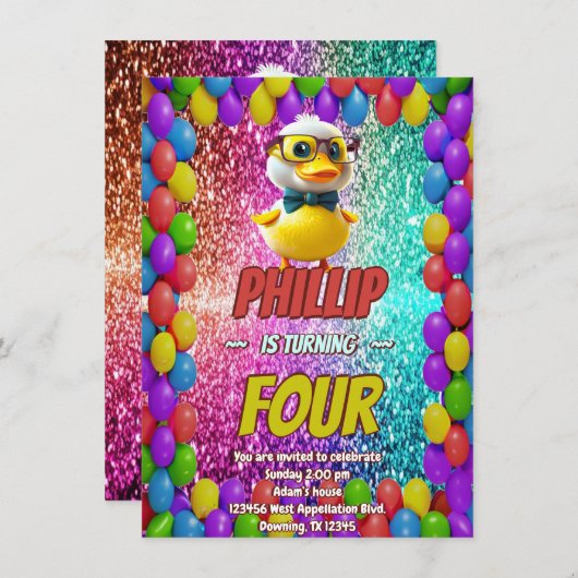 Invitation Rubber Duck personnalisable caractère d'anniversai (Devant / Derrière)