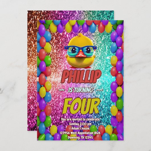 Invitation Rubber Duck personnalisable caractère d'anniversai (Devant / Derrière)