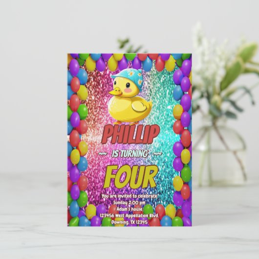 Invitation Rubber Duck personnalisable caractère d'anniversai (Debout devant)