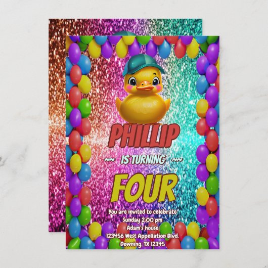 Invitation Rubber Duck personnalisable caractère d'anniversai (Devant / Derrière)