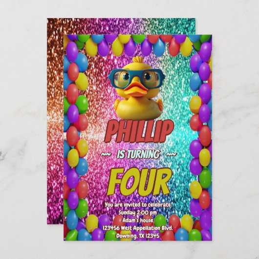Invitation Rubber Duck personnalisable caractère d'anniversai (Devant / Derrière)