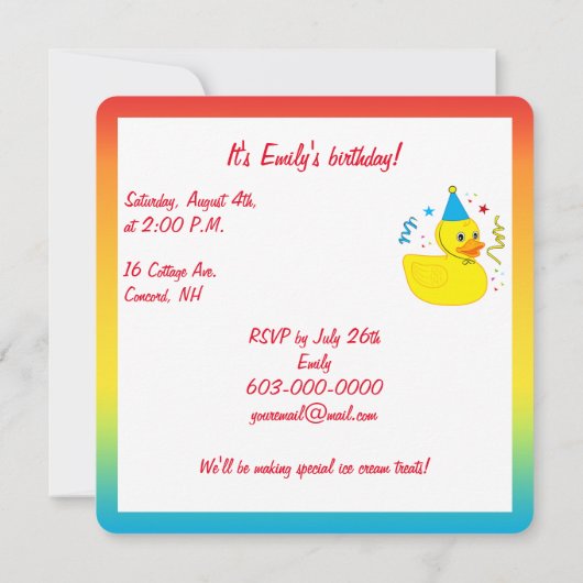 Invitation Rubber Ducky avec fête d'anniversaire Casquette (Dos)