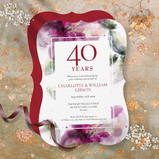 Invitation Rubis 40e anniversaire de mariage Élégante Florale