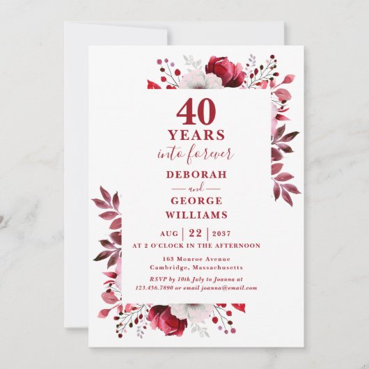 Invitation Ruby 40e anniversaire de Mariage Monogramme floral (Devant)