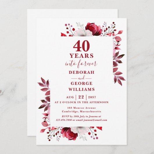 Invitation Ruby 40e anniversaire de Mariage Monogramme floral (Devant / Derrière)
