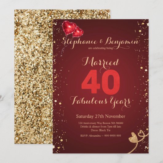 Invitation Ruby 40e Anniversaire de Mariage Paillettes Dorées (Devant / Derrière)